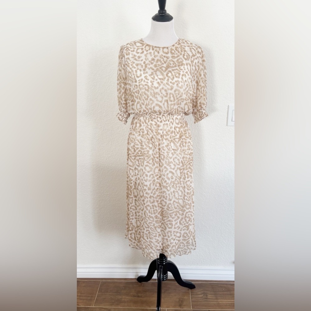 Tommy Hilfiger Midi Dress 10 Tan Leopard Print Smocked Waist‎ Chiffon Ruffle